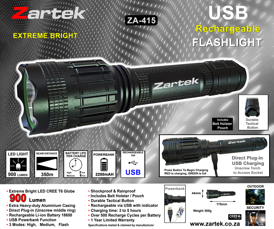ZARTEK ZA-415 TORCH RECHARGEABLE 900 LUMENS