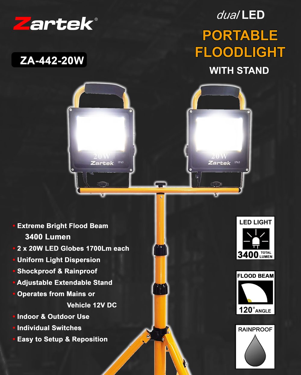 ZARTEK ZA-442 WORKMAN's LIGHT ON STAND