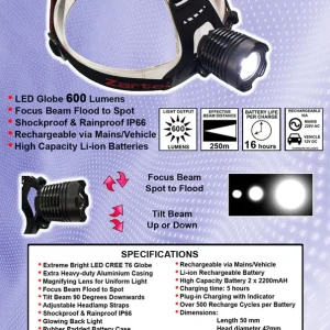 ZARTEK ZA-432 RECHARGEABLE HEADLAMP CAP-LAMP 12v LED 600 lumen