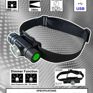 ZARTEK ZA-436 RECHARGEABLE HEADLAMP 250m 4-8 HRS USB 500 lumens