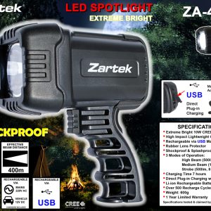 ZARTEK ZA-465 SPOTLIGHT RECHARGEABLE LED Cree shockproof 500 lumens 400m Beam 10hrs on Time 220v and 12v Recharge LTBF0029