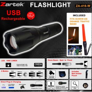 ZARTEK ZA416W WITH ORANGE TRAFFIC WAND LED RECARGABLE WITH POUCH 3-12 HRS LTBF0040