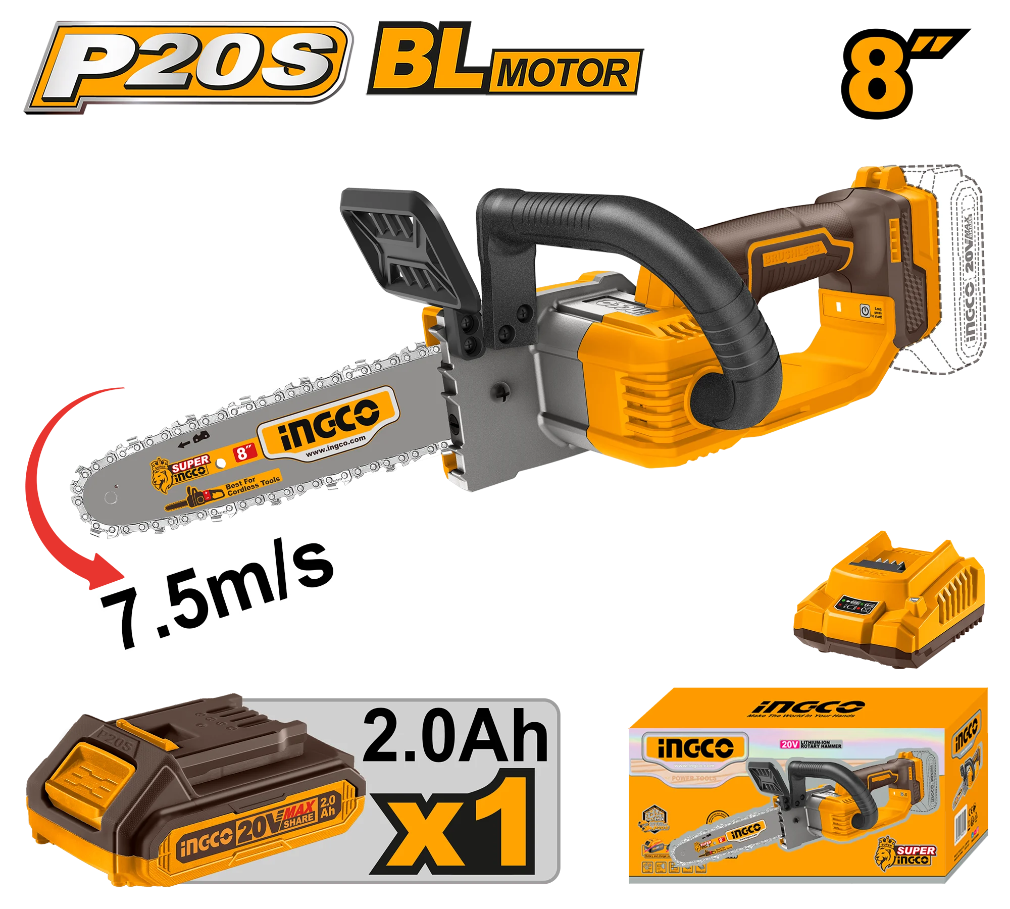 Cordless Chain Saw 20V (8IN) Excluding Battery and Charger INGCOCGSLI2085
