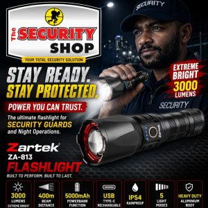 Zartek ZA-813 Security Torch 3000 Lumen, 30w Heavy Duty USB C-Type, 26660Li-ion Battery x2, Pouch, Powerbank LTBF0078A